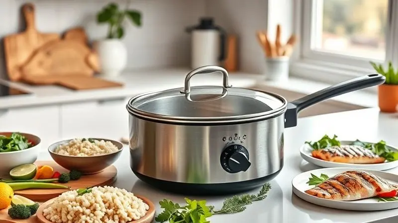 A sleek, modern multifunctional electric pan on a clean kitchen counter, surrounded by a variety of beautifully arranged fres