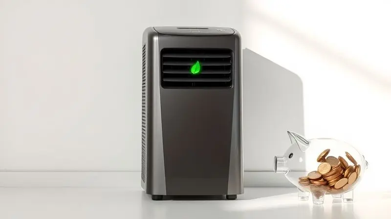 Ar-condicionado portátil ao lado de um cofrinho sendo preenchido, simbolizando a economia de energia.
