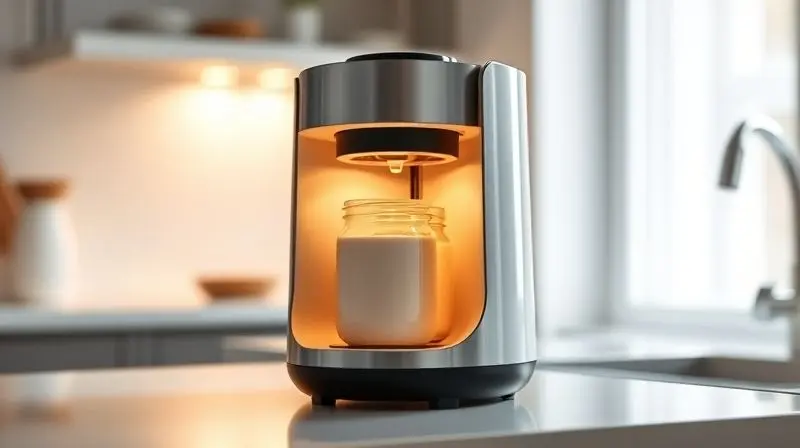 A sleek, modern yogurt maker sits on a clean kitchen counter. A soft, warm light glows from within the machine, subtly illumi