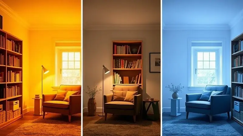 Comparativo do mesmo ambiente iluminado com luz quente, neutra e fria, mostrando a diferença na atmosfera.