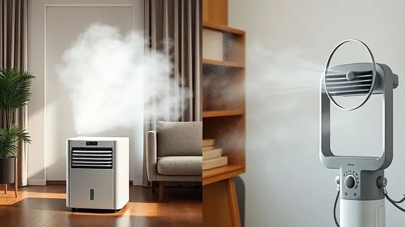 Imagem comparativa mostrando um ar-condicionado portátil emitindo ar frio de um lado e um climatizador com névoa de água do outro.