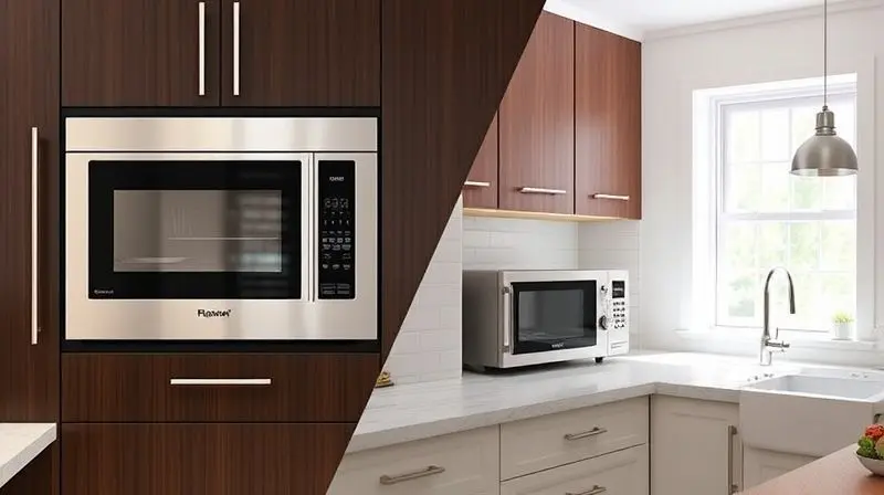 Imagem dividida mostrando a diferença entre um micro-ondas de embutir, integrado em um armário, e um de bancada em uma cozinha clara.