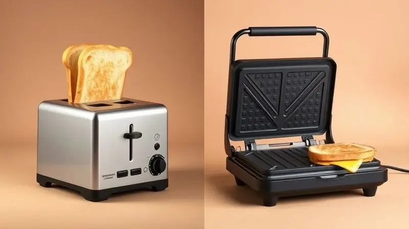 Comparativo visual lado a lado: uma torradeira com pães na vertical e uma sanduicheira com um sanduíche de queijo derretido.