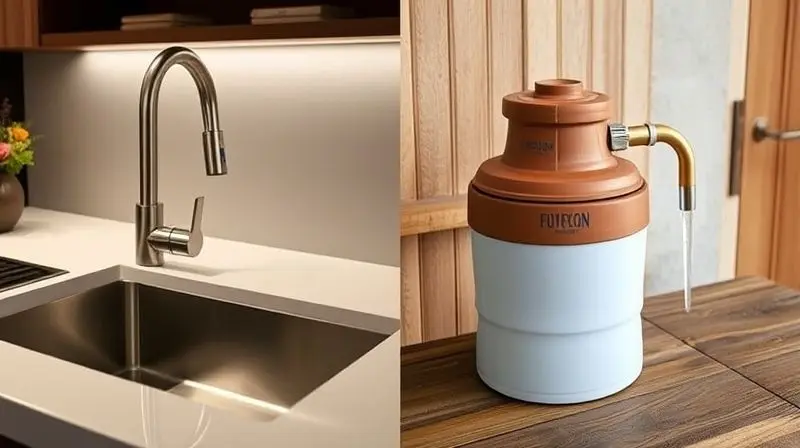 Comparativo visual entre uma torneira com filtro moderna em uma cozinha e um filtro de barro tradicional em um balcão de madeira.