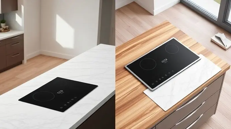 A split-screen or diptych style image. On the left, a sleek two-burner induction cooktop is seamlessly built-in and flush wit