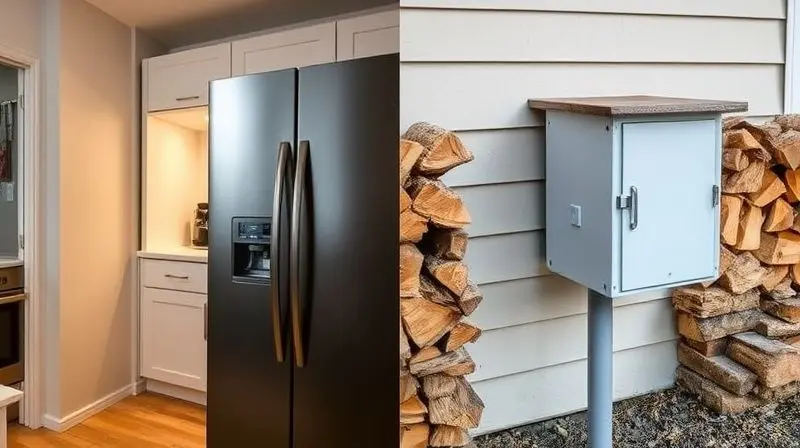Comparativo visual mostrando um porta-iscas em uma cozinha (uso interno) e outro em uma área externa perto de lenha (uso externo).