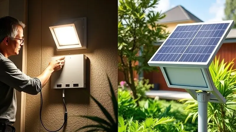 Comparativo visual entre um refletor LED elétrico sendo instalado e um refletor LED solar posicionado em um jardim ensolarado.