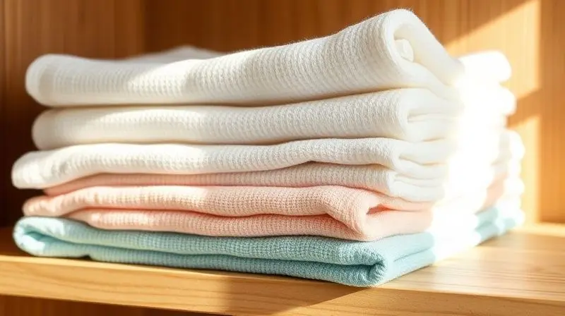 Pilha de panos de prato limpos e dobrados em uma prateleira, transmitindo uma sensação de cuidado, limpeza e organização na cozinha.