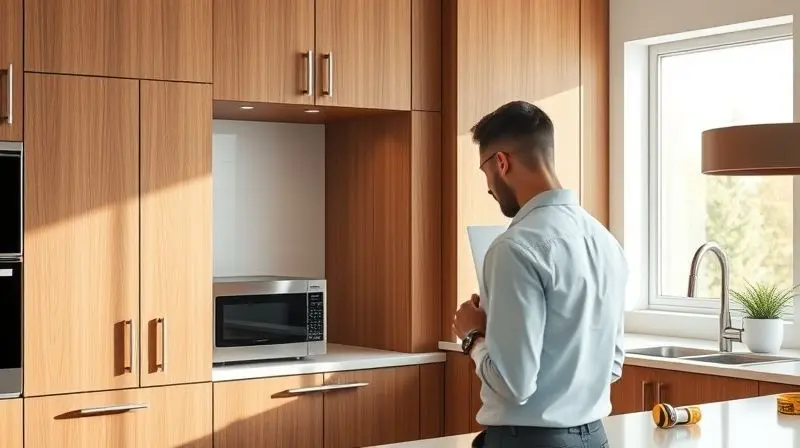 A stunning, hyper-realistic photo of a modern designer kitchen with sleek cabinets. The focus is on a person looking thoughtf