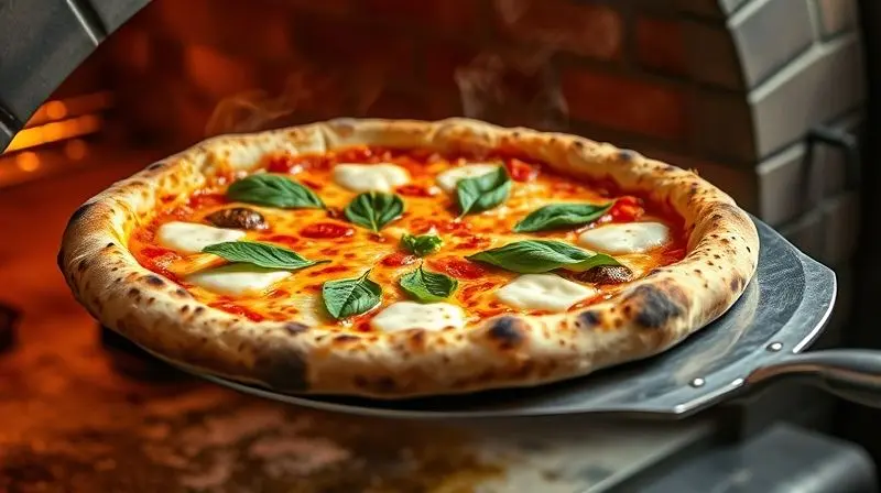 A stunning, perfectly cooked Neapolitan pizza with a leopard-spotted crust, melted mozzarella, and fresh basil is being caref