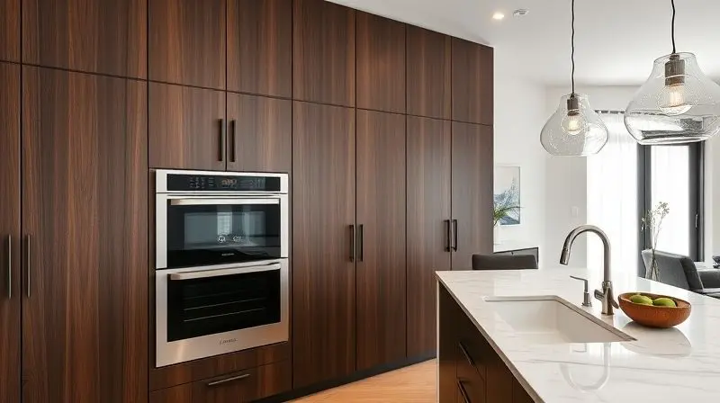 A stunning wide-angle photograph of a minimalist and luxurious kitchen. A state-of-the-art stainless steel built-in oven is s
