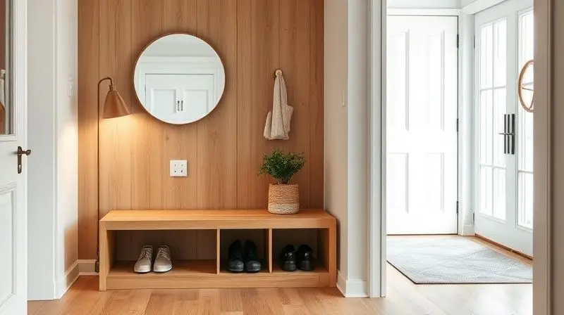 Sapateira com banco em um hall de entrada de estilo escandinavo, perfeitamente integrada à decoração com espelho e plantas.