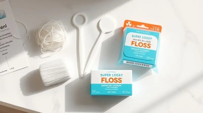 A stylish flat lay of various dental floss types, including traditional waxed floss, a floss pick with a handle, and super fl