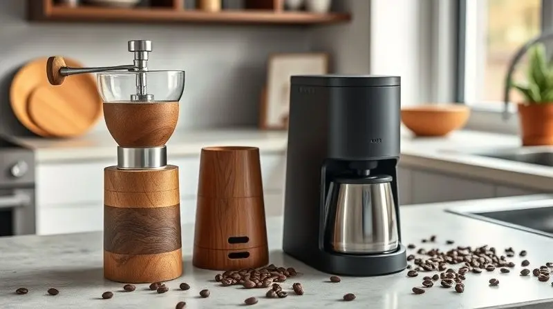 A stylish, modern kitchen counter with a beautiful manual coffee grinder made of wood and steel next to a sleek, minimalist e