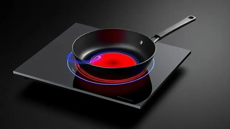 Ilustração do funcionamento de um cooktop de indução, mostrando o campo eletromagnético entre a bobina de cobre e a base da panela.