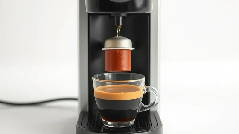 Ilustração mostrando o funcionamento interno de uma cafeteira, com água passando pela cápsula e o café caindo na xícara.