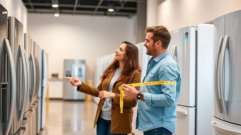 Casal analisando uma geladeira inverse em uma loja, um deles aponta para um recurso enquanto o outro segura uma fita métrica, planejando a compra.