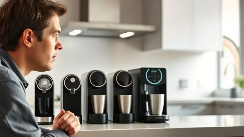 Pessoa analisando três modelos diferentes de cafeteiras de cápsula em uma bancada de cozinha, em processo de escolha.