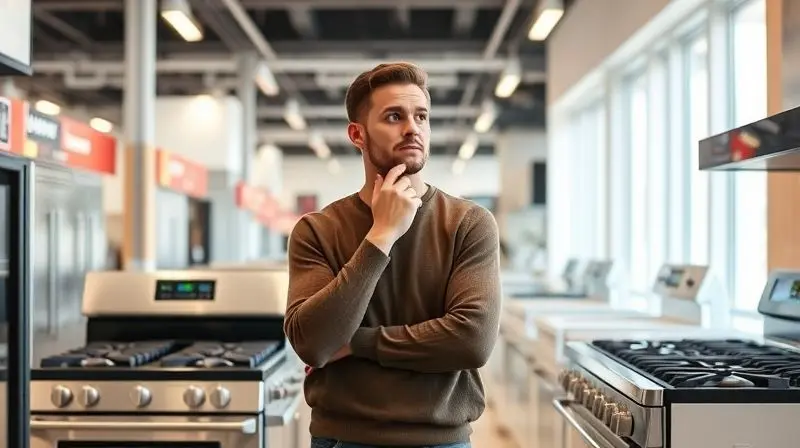 A thoughtful person stands in a bright, modern appliance store, comparing two different 5-burner stoves side-by-side. One is 