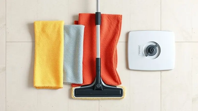 Panos de chão de tamanhos variados ao lado de um rodo e um MOP, sobre um piso claro.