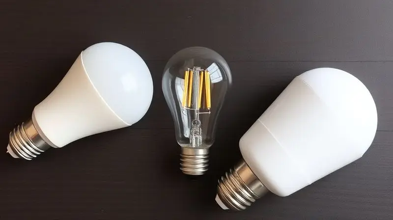 Vários tipos de lâmpadas de LED, incluindo bulbo, filamento e tubular, organizadas lado a lado em uma superfície de madeira.