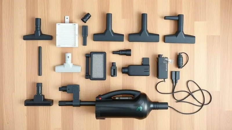 A top-down flat lay photograph of various vacuum cleaner components and accessories neatly arranged on a clean wooden surface