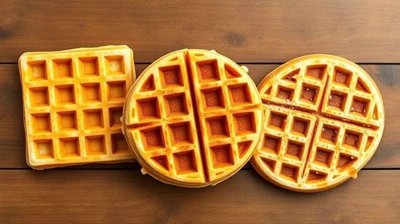 Vista superior de quatro tipos de waffles: quadrado, redondo, belga e 'bubble', mostrando a variedade de formatos.
