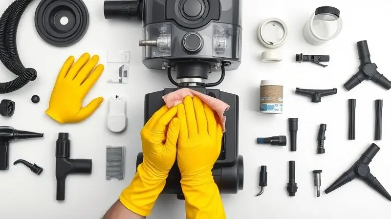 Peças de uma extratora, como tanque e filtros, organizadas para manutenção e limpeza por mãos usando luvas.