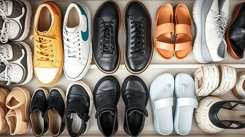 Sapatos organizados de forma eficiente dentro de uma sapateira, mostrando um par com cada pé virado para um lado para economizar espaço.