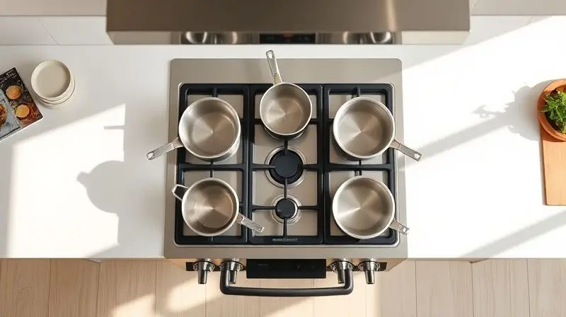 A top-down shot of a modern 5-burner gas stove in a bright, clean kitchen. Several pots and pans are simmering at the same ti