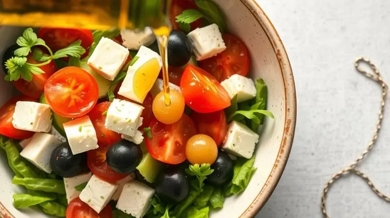 A top-down, vibrant, and appetizing photo of a fresh Mediterranean salad being drizzled with a stream of golden olive oil, wi