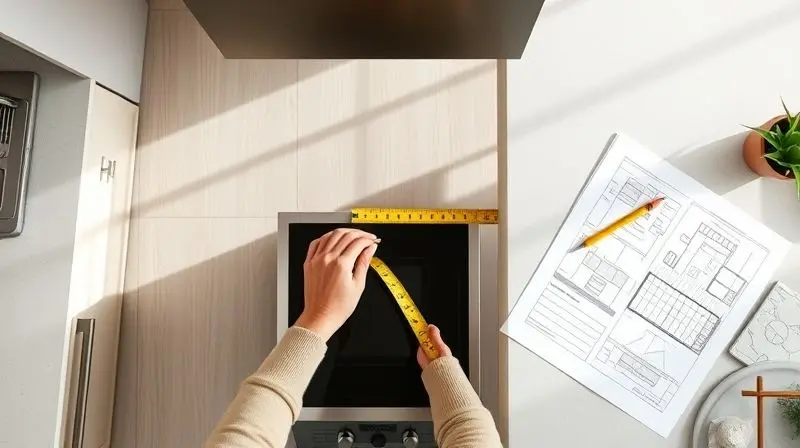 A top-down view of a person using a yellow measuring tape to measure the designated space for a new stove in a modern kitchen