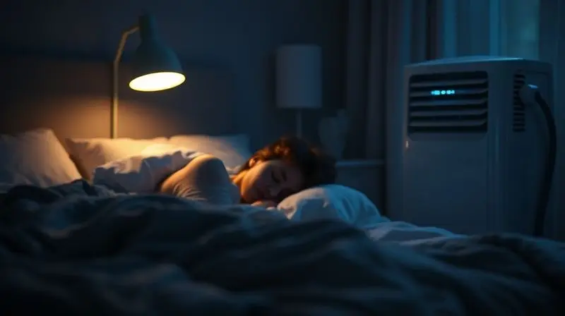 Pessoa dormindo em paz em um quarto escuro, com a luz suave de um ar-condicionado portátil silencioso ao fundo.