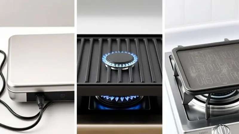 Comparativo visual entre uma chapa elétrica com seu cabo, uma a gás com a chama azul e uma de fogão sobre a boca do fogão.