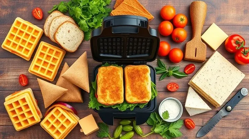 Sanduicheira aberta em uma mesa, cercada por ingredientes variados como waffles, queijos e vegetais, sugerindo versatilidade.