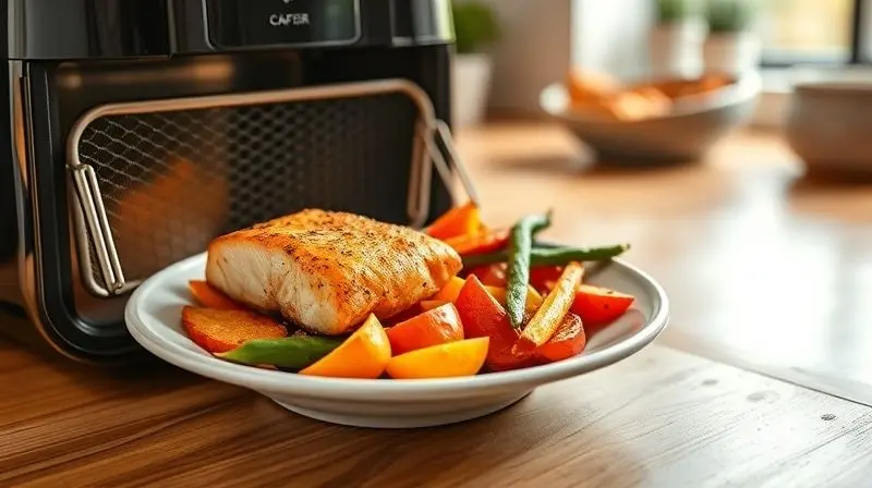 Prato saudável com salmão e vegetais coloridos sendo servido da cesta de uma air fryer, simbolizando uma refeição nutritiva e prática.