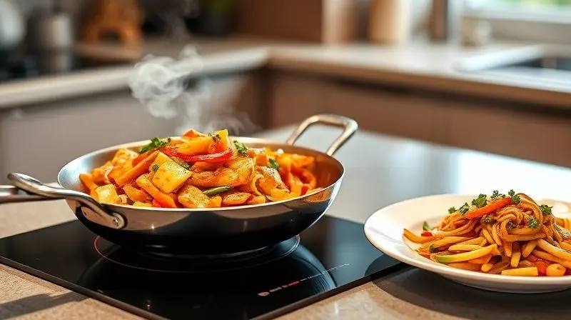 A vibrant, delicious-looking stir-fry in a modern pan sits on a single-burner induction cooktop, with steam rising from the d