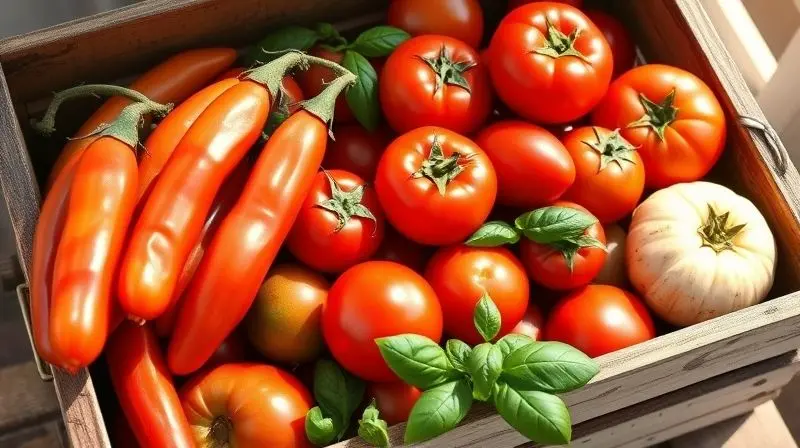 A vibrant, detailed photograph of a rustic wooden crate filled with a variety of fresh sauce tomatoes, including elongated Sa