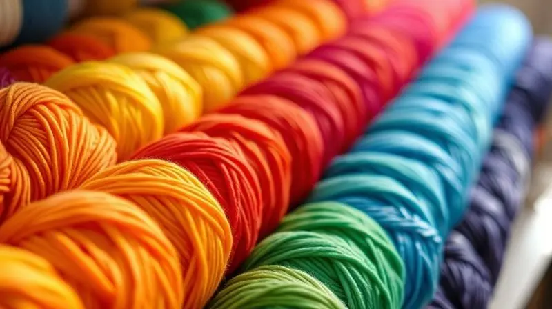 Vários novelos de linha de crochê organizados em um gradiente de cores do arco-íris, com foco seletivo.