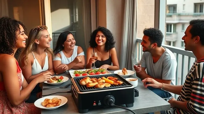 Grupo de amigos felizes confraternizando em uma varanda ao redor de uma mesa com comida feita na churrasqueira elétrica.