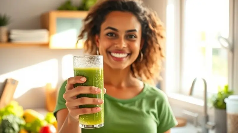 Pessoa sorrindo e segurando um copo de suco verde e vibrante em uma cozinha ensolarada, representando os benefícios de uma vida saudável.