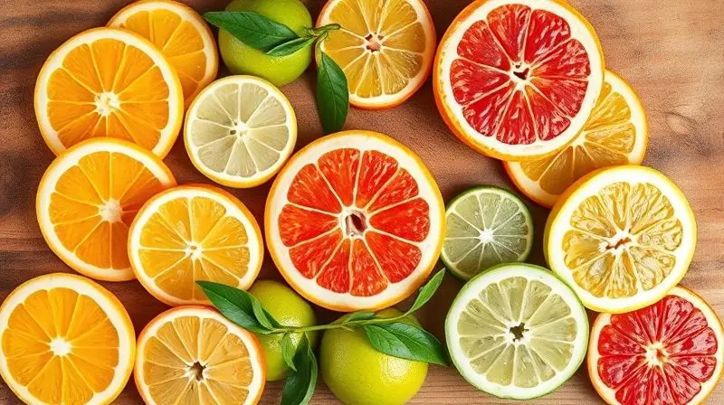 Composição colorida de várias frutas cítricas fatiadas sobre uma tábua de madeira.