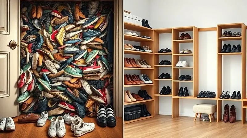 Montagem comparando um canto com sapatos desorganizados no chão e o mesmo espaço com uma sapateira de madeira, deixando tudo em ordem.