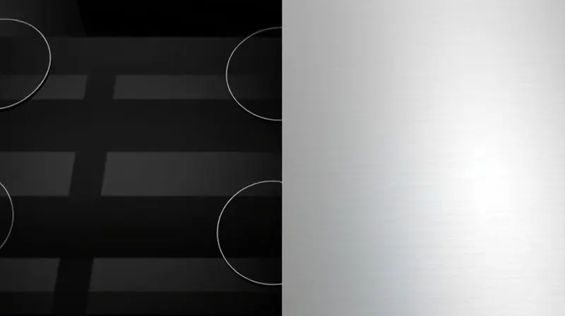 A visually striking split-image or a single angled shot clearly comparing a sleek black glass stovetop on one side and a clas