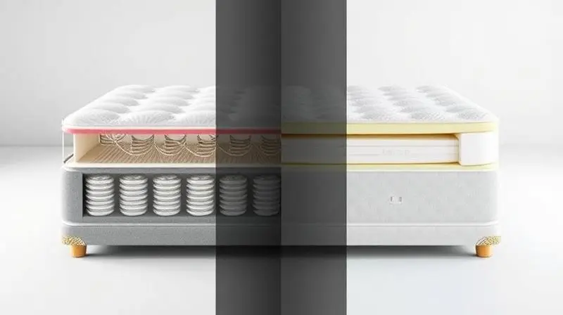 A visually striking split-screen image in a clean studio setting, showing the internal structure of two mattresses: on the le