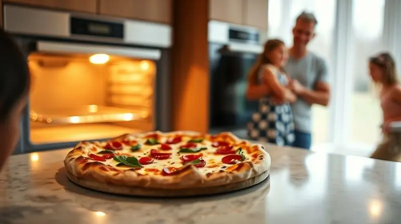 Cena final em uma cozinha com uma família feliz ao fundo e uma pizza na bancada em frente ao forno.