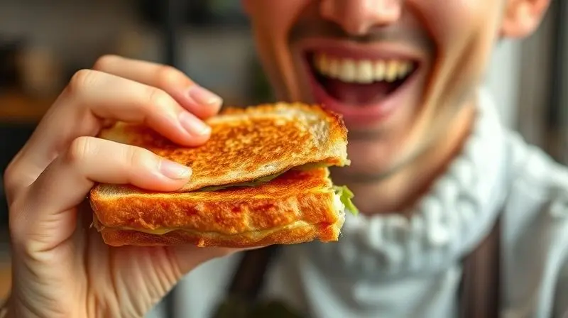 Pessoa sorrindo ao morder um sanduíche quente e crocante, simbolizando a satisfação de uma boa escolha.