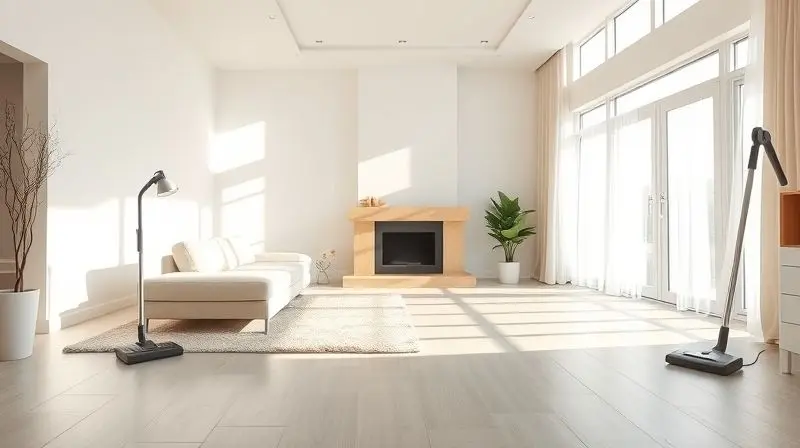 Sala de estar impecavelmente limpa e iluminada pelo sol, simbolizando o resultado final de uma boa limpeza.