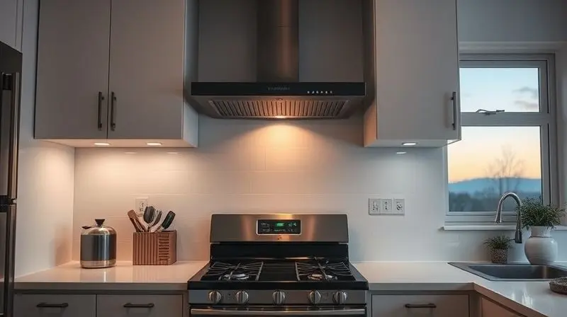 Cozinha impecável ao entardecer com um depurador de ar moderno sobre o fogão, simbolizando a satisfação de ter um ambiente sem odores.