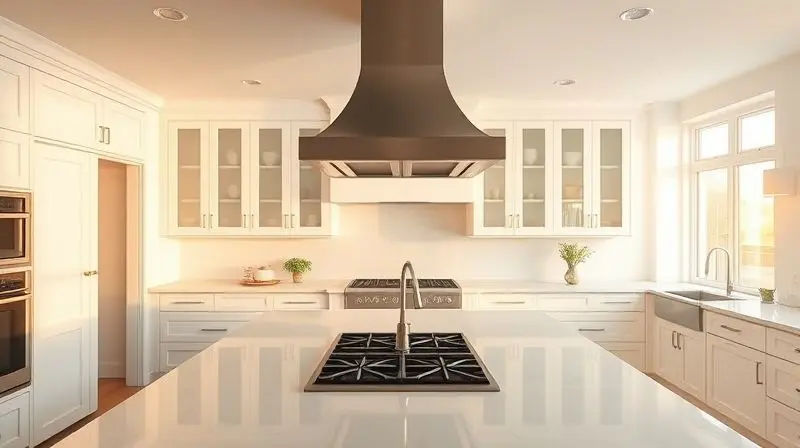Cozinha com ilha e coifa perfeitamente integradas, com ambiente limpo e arejado, simbolizando um projeto bem-sucedido.